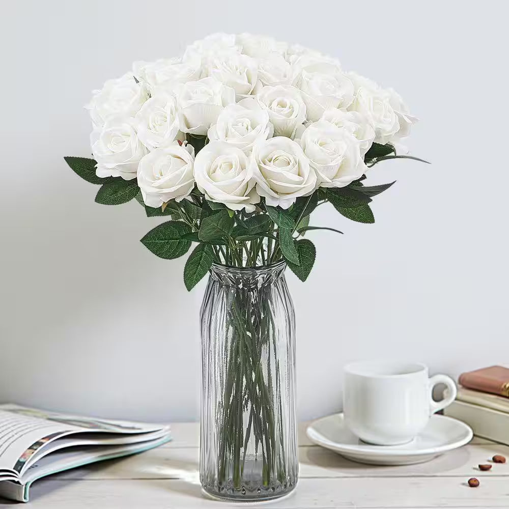 Artificial Flowers, 20 In. White Indoor/Outdoor Artificial Rose Flower for Wedding Bouquets, Home Arrangements