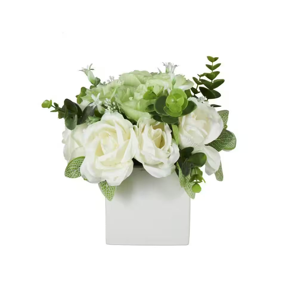 10 In. White Artificial Flower with Green Leaves and Square Ceramic Vase