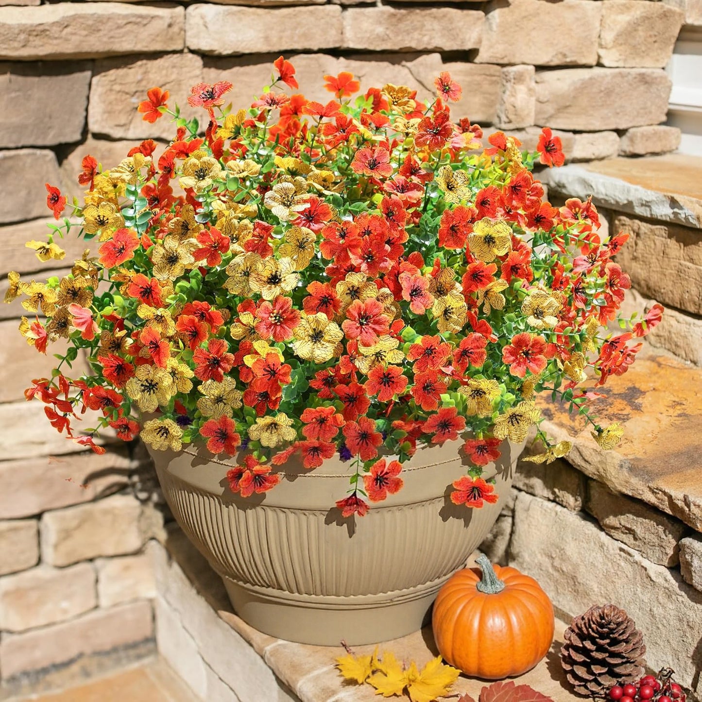 12 Bundles Fake Fall Flowers, Autumn Artificial Faux Flowers Outdoors Fall Decorations for Home Garden, Yellow Orange