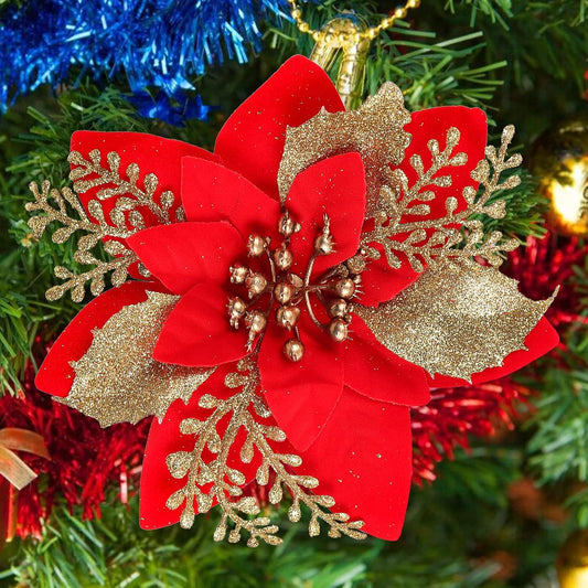 Christmas Glitter Poinsettia Flowers Decorations, Artificial Flowers for Christmas Tree Ornaments, Decorative Flowers Artificial Flowers for Decoration, Christmas Decorations Clearance (Red Gold)