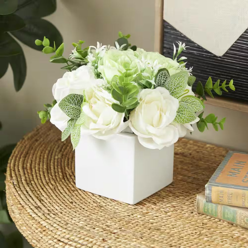 10 In. White Artificial Flower with Green Leaves and Square Ceramic Vase