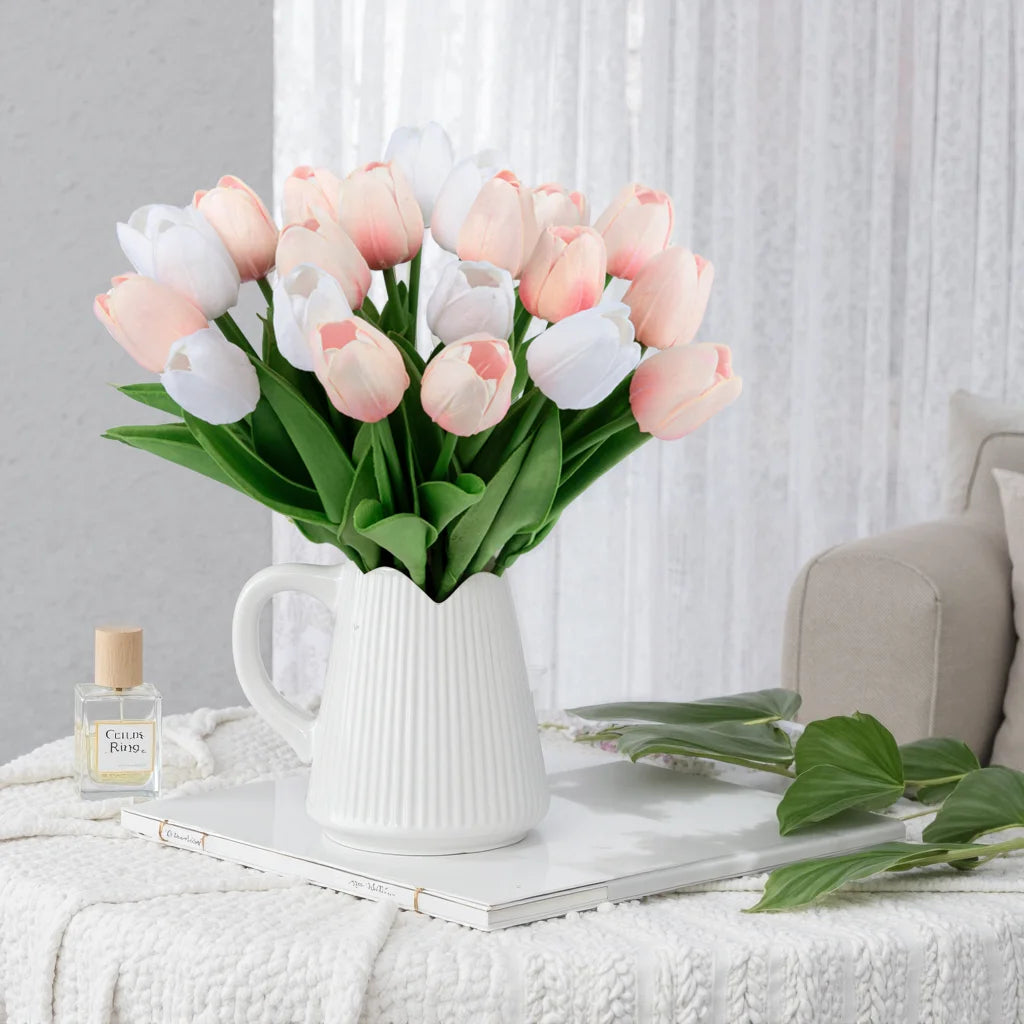 20 Pcs Artificial Flowers Fake Tulip, Pink White Tulip Flowers for Spring Indoor Table Wedding Decorations Mother'S Day Easter Gifts