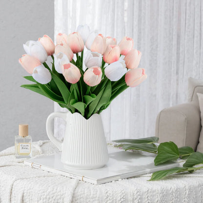 20 Pcs Artificial Flowers Fake Tulip, Pink White Tulip Flowers for Spring Indoor Table Wedding Decorations Mother'S Day Easter Gifts