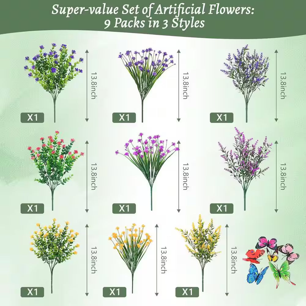9 Bundles Artificial Flowers for Outdoor Decoration, UV Resistant Fake Plants