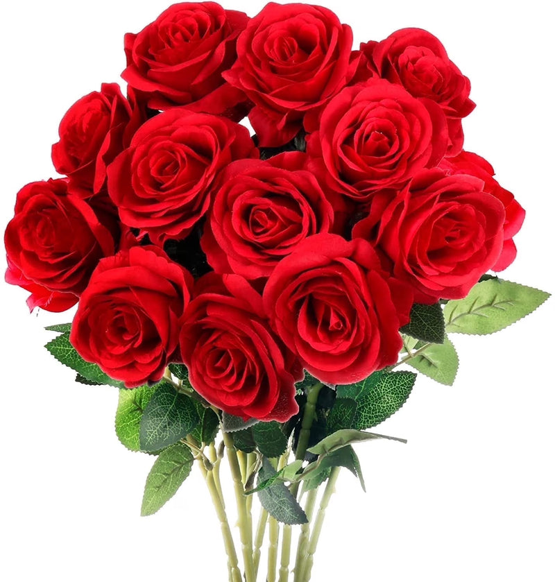 12PCS Fake Roses Artificial Flowers Red Roses with Long Stems Realistic Faux Silk Rose Bouquets for Wedding Decor Bridal Shower Centerpieces Floral Arrangements Party Mother'S Day Valentines Flowers