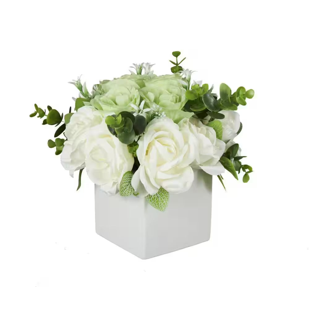 10 In. White Artificial Flower with Green Leaves and Square Ceramic Vase