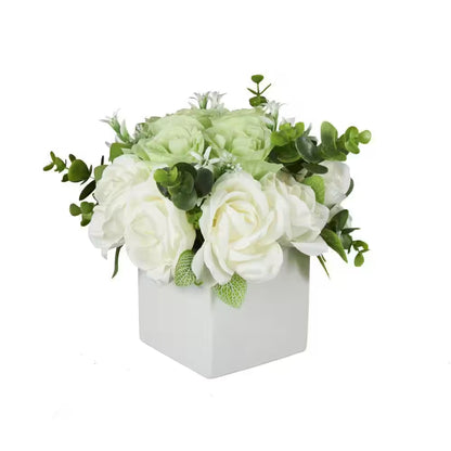 10 In. White Artificial Flower with Green Leaves and Square Ceramic Vase