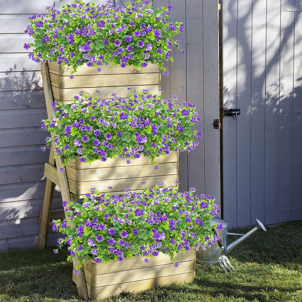 10 Bundles Artificial Fake Flowers, Faux Outdoor Plastic Plants UV Resistant Shrubs outside Indoor Decorations (Blue-Eucalyptus)