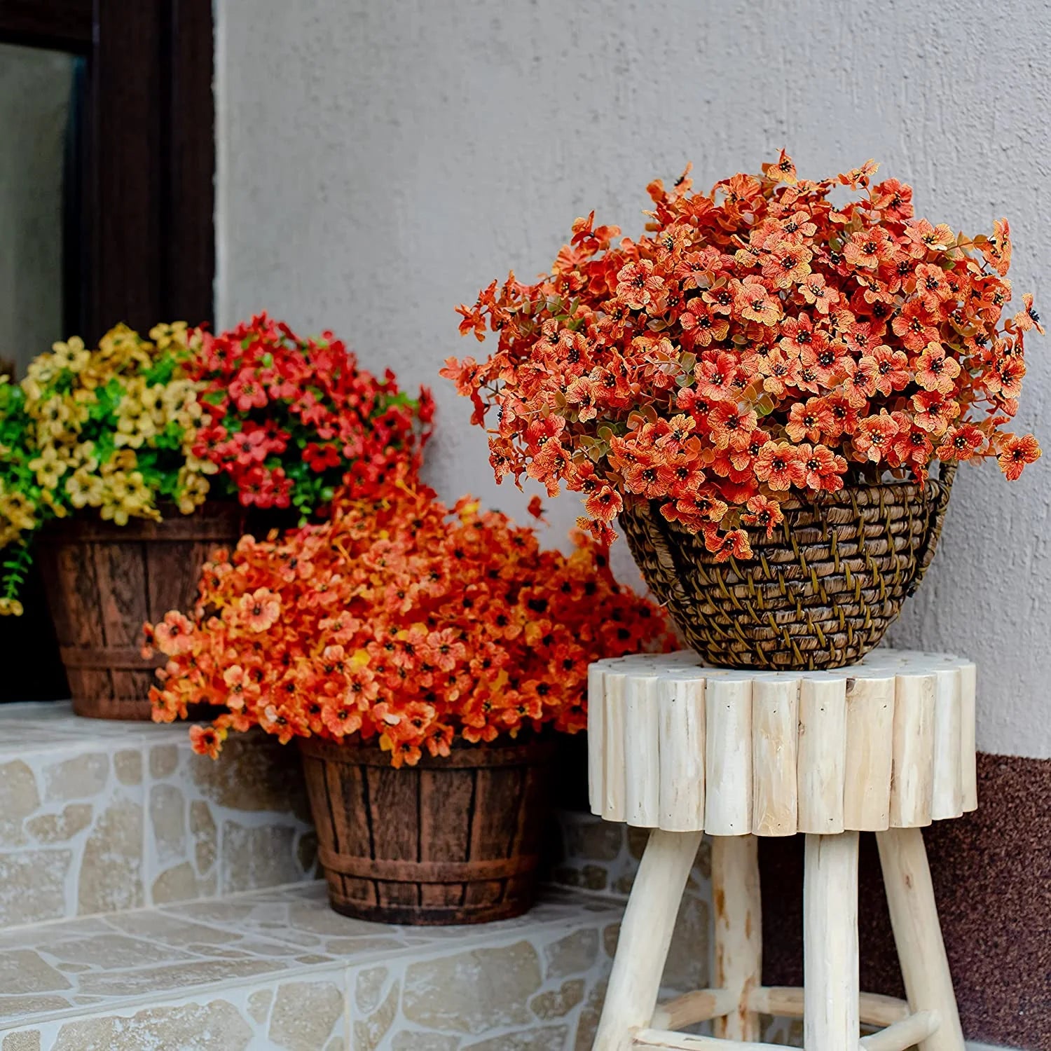 16 Bundles Artificial Fall Flowers for Outdoors Fake Plants, Faux outside Greenery Boxwood No Fade Plastic Shrubs Decor Farmhouse Home Garden