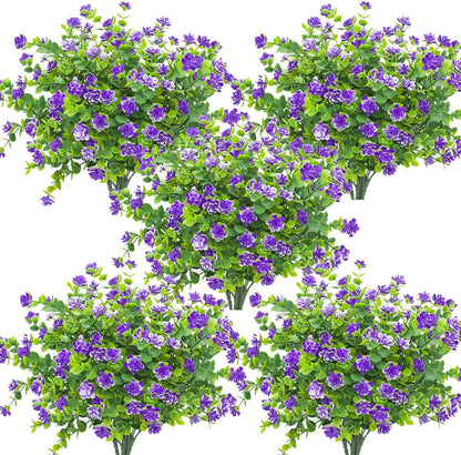 10 Bundles Artificial Fake Flowers, Faux Outdoor Plastic Plants UV Resistant Shrubs outside Indoor Decorations (Blue-Eucalyptus)
