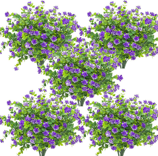 10 Bundles Artificial Fake Flowers, Faux Outdoor Plastic Plants UV Resistant Shrubs outside Indoor Decorations (Blue-Eucalyptus)