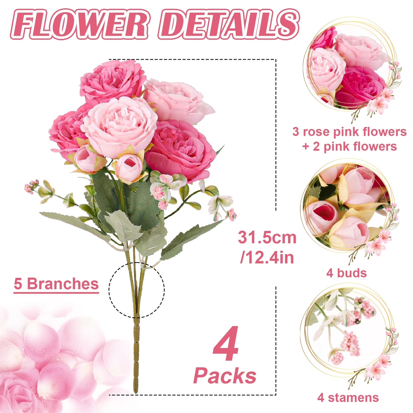 4 Bundles Peonies Artificial Flowers, Pink and Rose Artificial Peonies, Silk Peonies Flowers, Fake Peonies Artificial Flowers Peonies Bouquet for Centerpiece Table Wedding Party Home Decor
