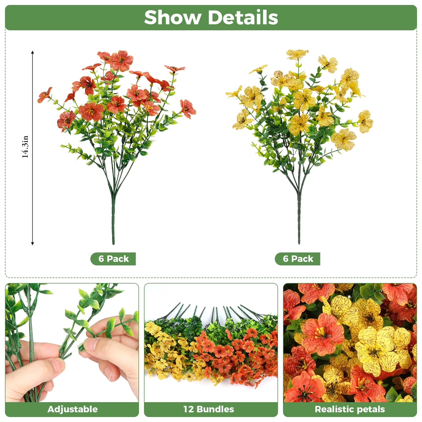 12 Bundles Fake Fall Flowers, Autumn Artificial Faux Flowers Outdoors Fall Decorations for Home Garden, Yellow Orange