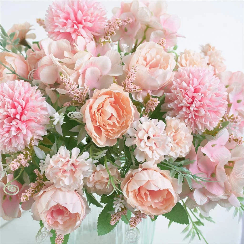 Artificial Flowers, Fake Peony Silk Hydrangea Bouquet Decor Plastic Flower Arrangements Wedding Decoration Table Centerpieces(Light Pink)
