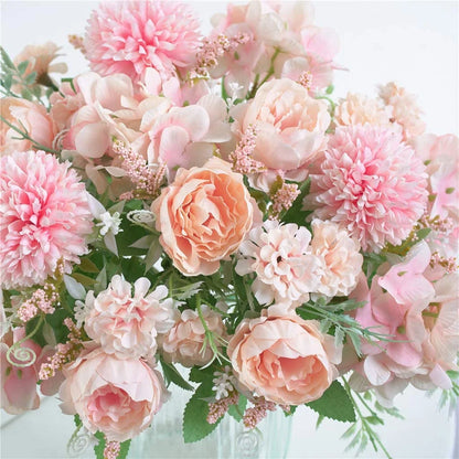 Artificial Flowers, Fake Peony Silk Hydrangea Bouquet Decor Plastic Flower Arrangements Wedding Decoration Table Centerpieces(Light Pink)