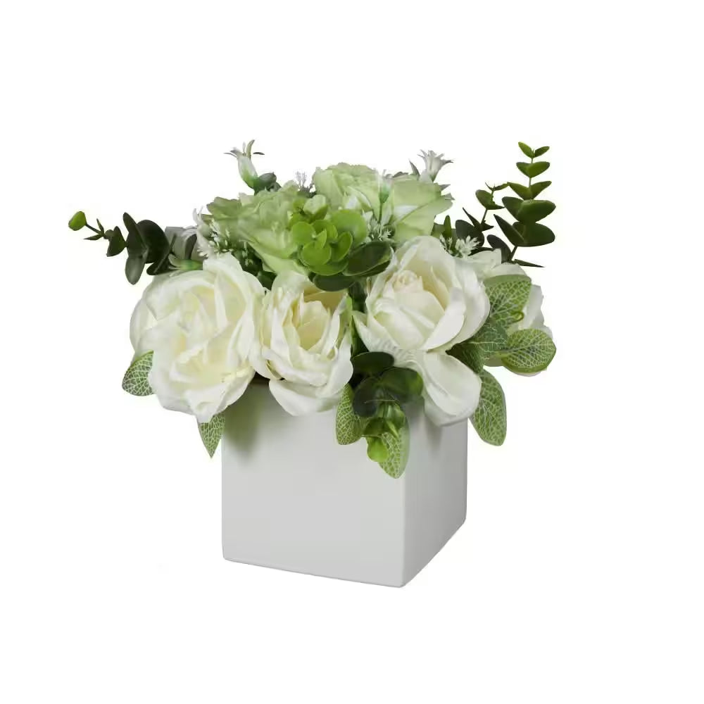 10 In. White Artificial Flower with Green Leaves and Square Ceramic Vase