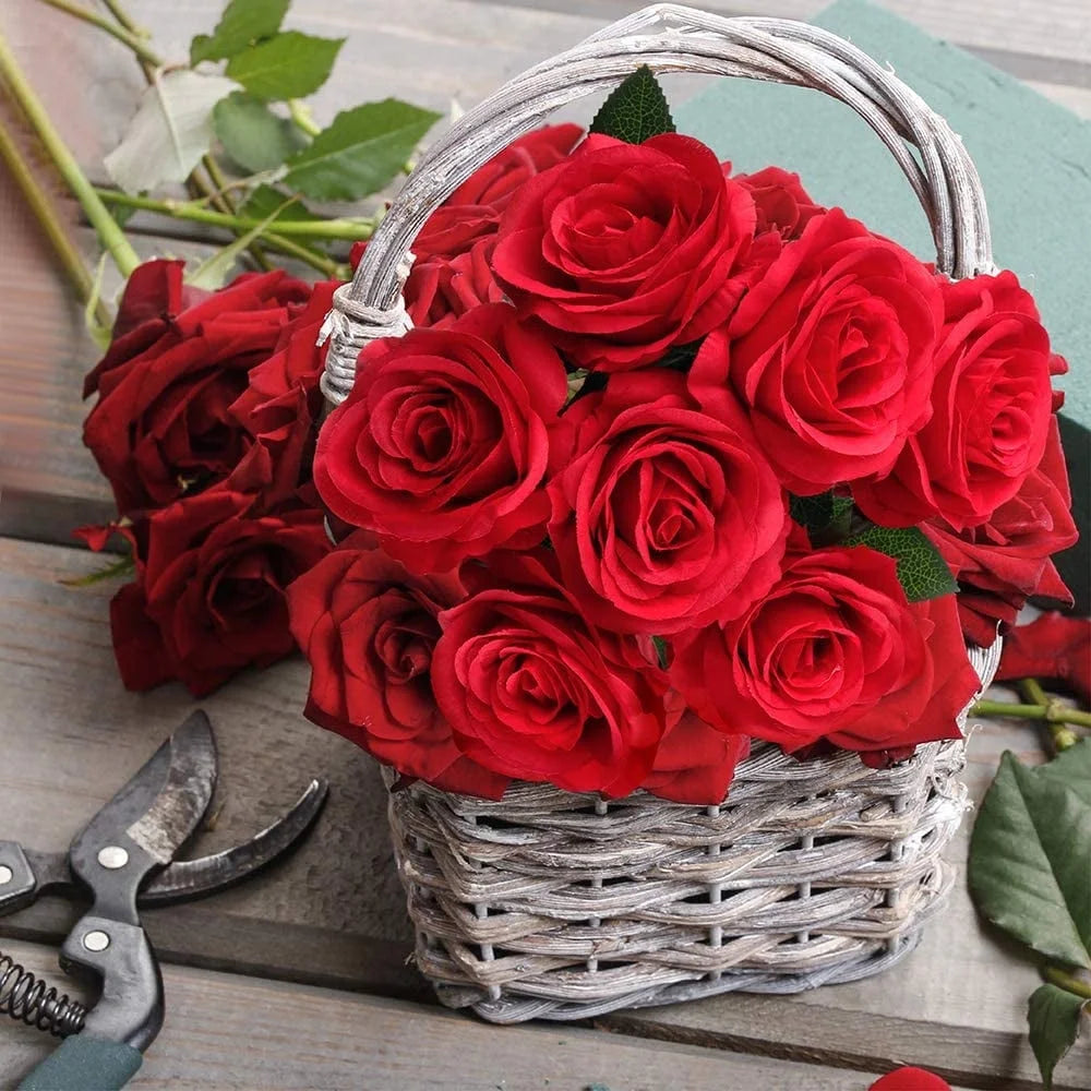12PCS Fake Roses Artificial Flowers Red Roses with Long Stems Realistic Faux Silk Rose Bouquets for Wedding Decor Bridal Shower Centerpieces Floral Arrangements Party Mother'S Day Valentines Flowers