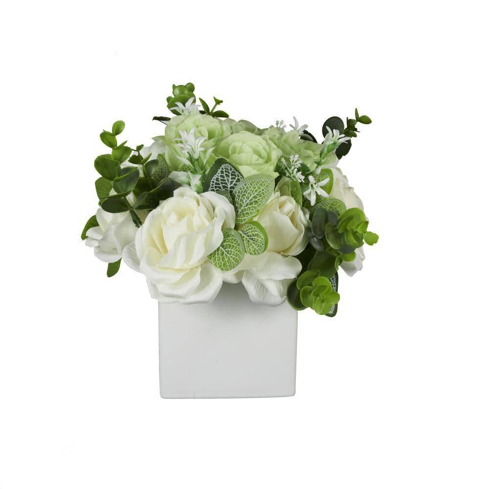 10 In. White Artificial Flower with Green Leaves and Square Ceramic Vase