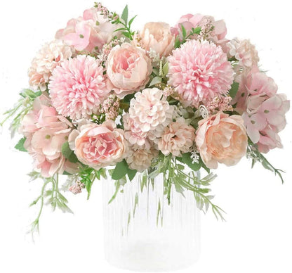 Artificial Flowers, Fake Peony Silk Hydrangea Bouquet Decor Plastic Flower Arrangements Wedding Decoration Table Centerpieces(Light Pink)