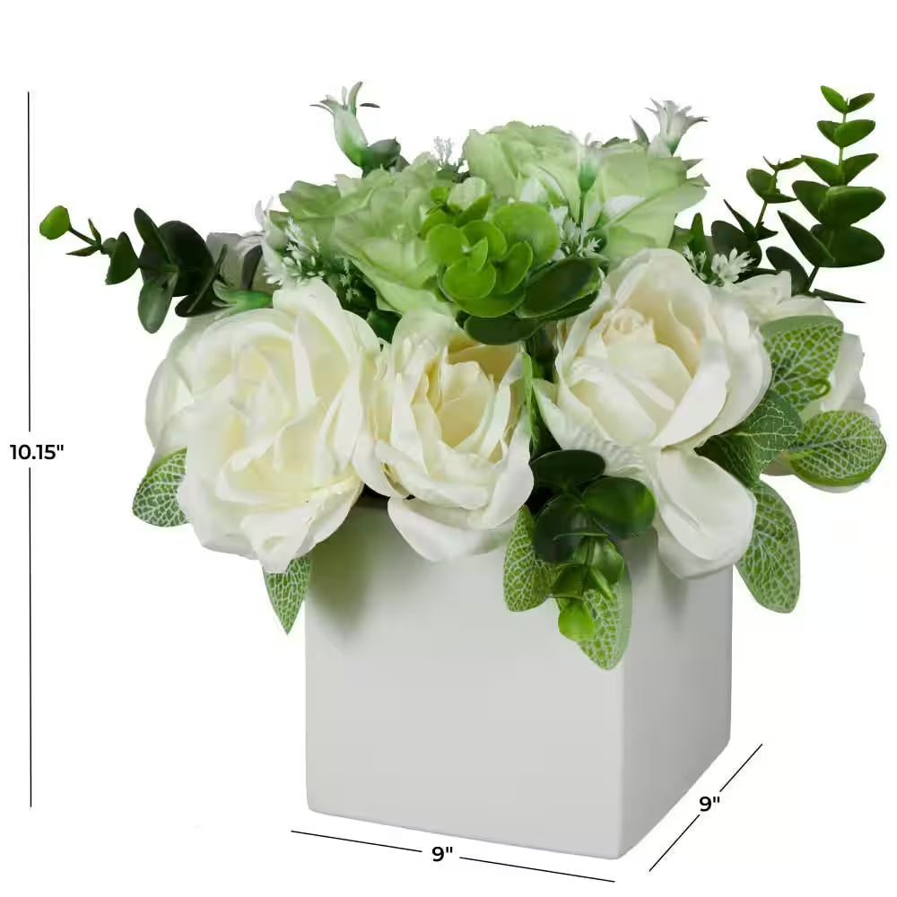 10 In. White Artificial Flower with Green Leaves and Square Ceramic Vase