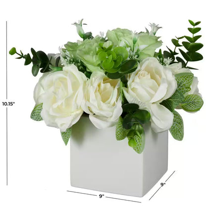 10 In. White Artificial Flower with Green Leaves and Square Ceramic Vase