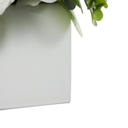 10 In. White Artificial Flower with Green Leaves and Square Ceramic Vase
