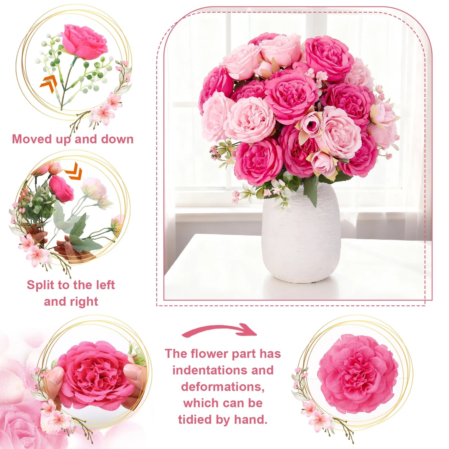 4 Bundles Peonies Artificial Flowers, Pink and Rose Artificial Peonies, Silk Peonies Flowers, Fake Peonies Artificial Flowers Peonies Bouquet for Centerpiece Table Wedding Party Home Decor