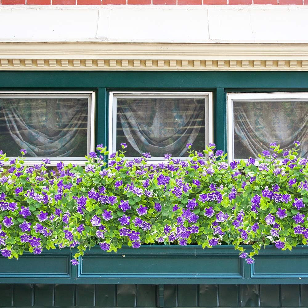 10 Bundles Artificial Fake Flowers, Faux Outdoor Plastic Plants UV Resistant Shrubs outside Indoor Decorations (Blue-Eucalyptus)
