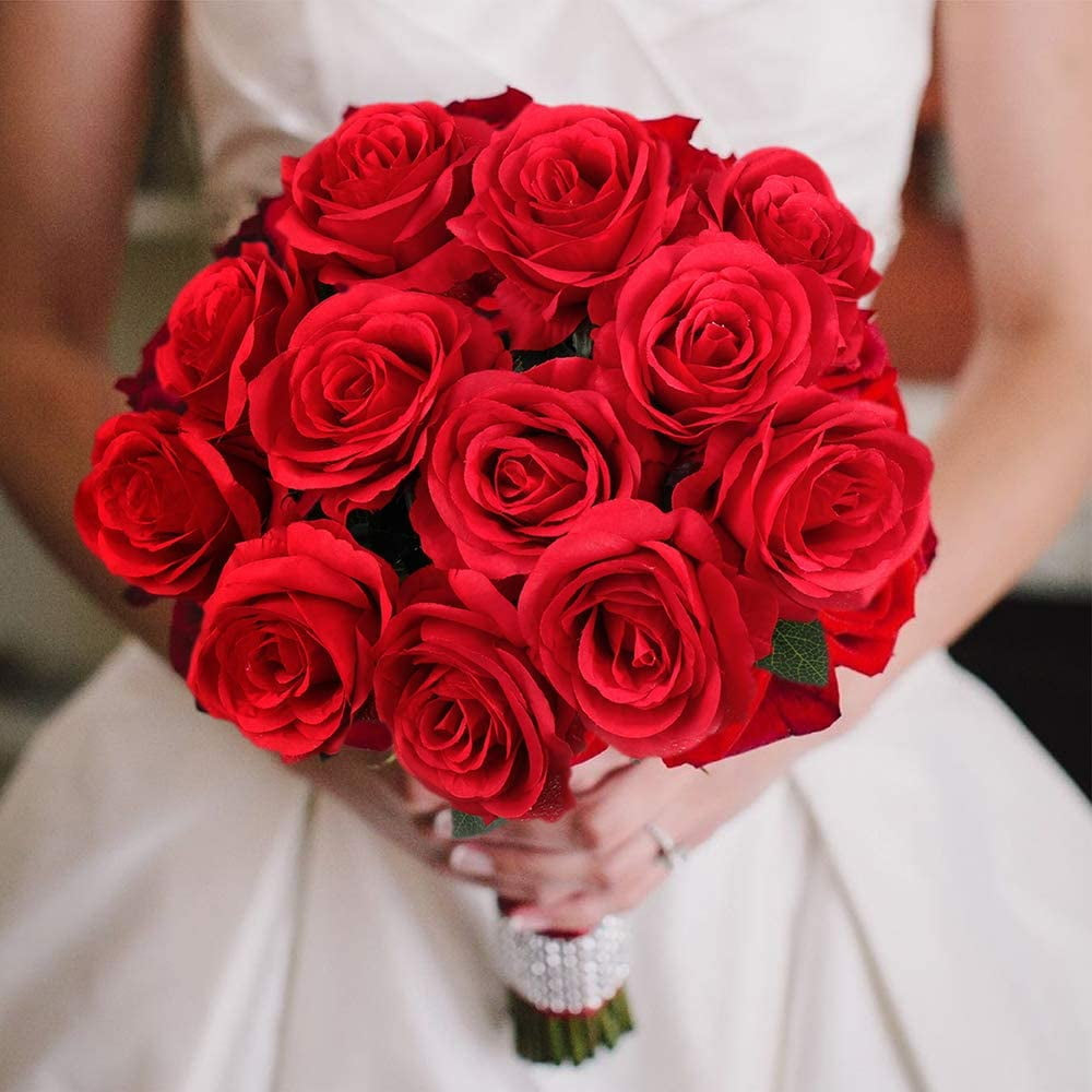 12PCS Fake Roses Artificial Flowers Red Roses with Long Stems Realistic Faux Silk Rose Bouquets for Wedding Decor Bridal Shower Centerpieces Floral Arrangements Party Mother'S Day Valentines Flowers