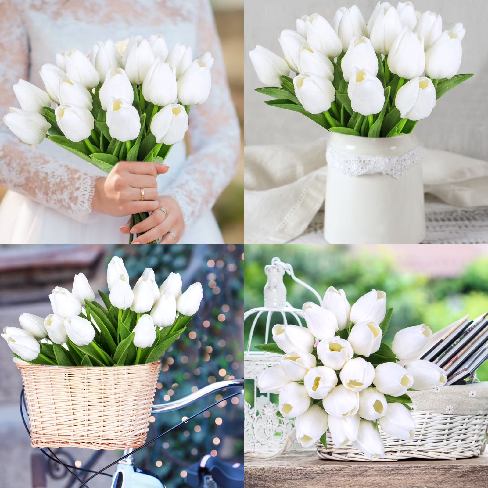 20 Pcs Artificial Flowers Fake Tulip, White Tulip for Spring Indoor Table Wedding Decorations Mother'S Day Easter Gifts