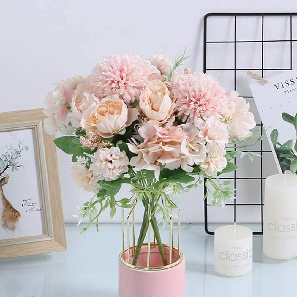 Artificial Flowers, Fake Peony Silk Hydrangea Bouquet Decor Plastic Flower Arrangements Wedding Decoration Table Centerpieces(Light Pink)