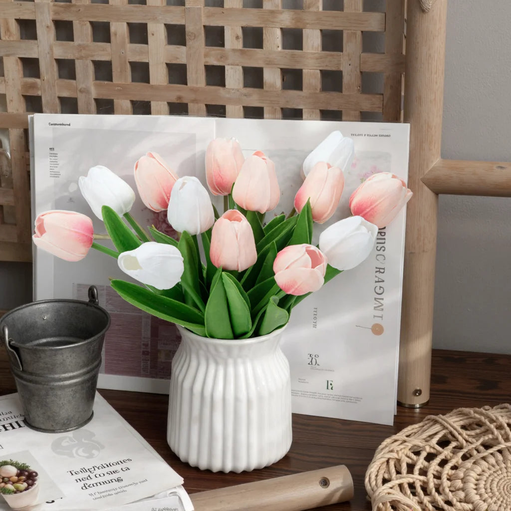 20 Pcs Artificial Flowers Fake Tulip, Pink White Tulip Flowers for Spring Indoor Table Wedding Decorations Mother'S Day Easter Gifts