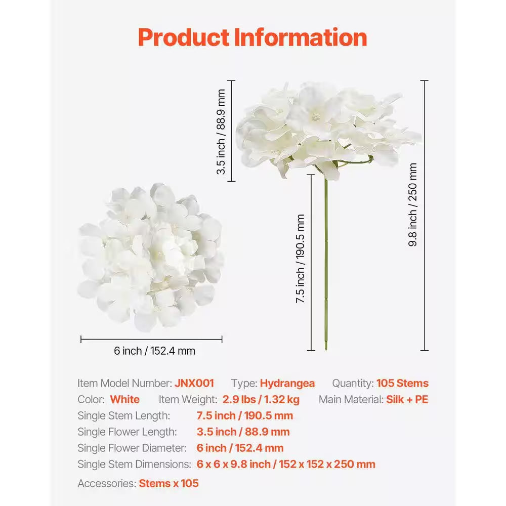 Artificial Flowers, 9.8 In., White, for Outdoor Indoor, Artificial Hydrangea Flower, 105 Pcs Silk Fake Hydrangea Bulk