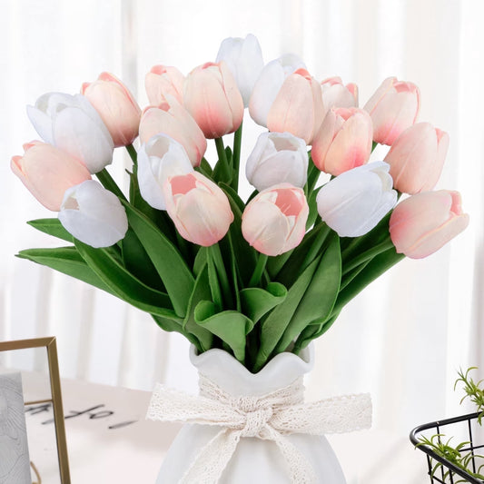 20 Pcs Artificial Flowers Fake Tulip, Pink White Tulip Flowers for Spring Indoor Table Wedding Decorations Mother'S Day Easter Gifts