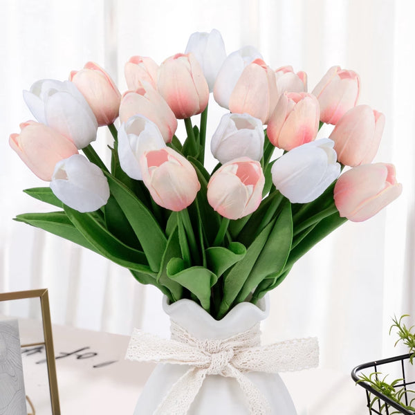 20 Pcs Artificial Flowers Fake Tulip, Pink White Tulip Flowers for Spring Indoor Table Wedding Decorations Mother'S Day Easter Gifts