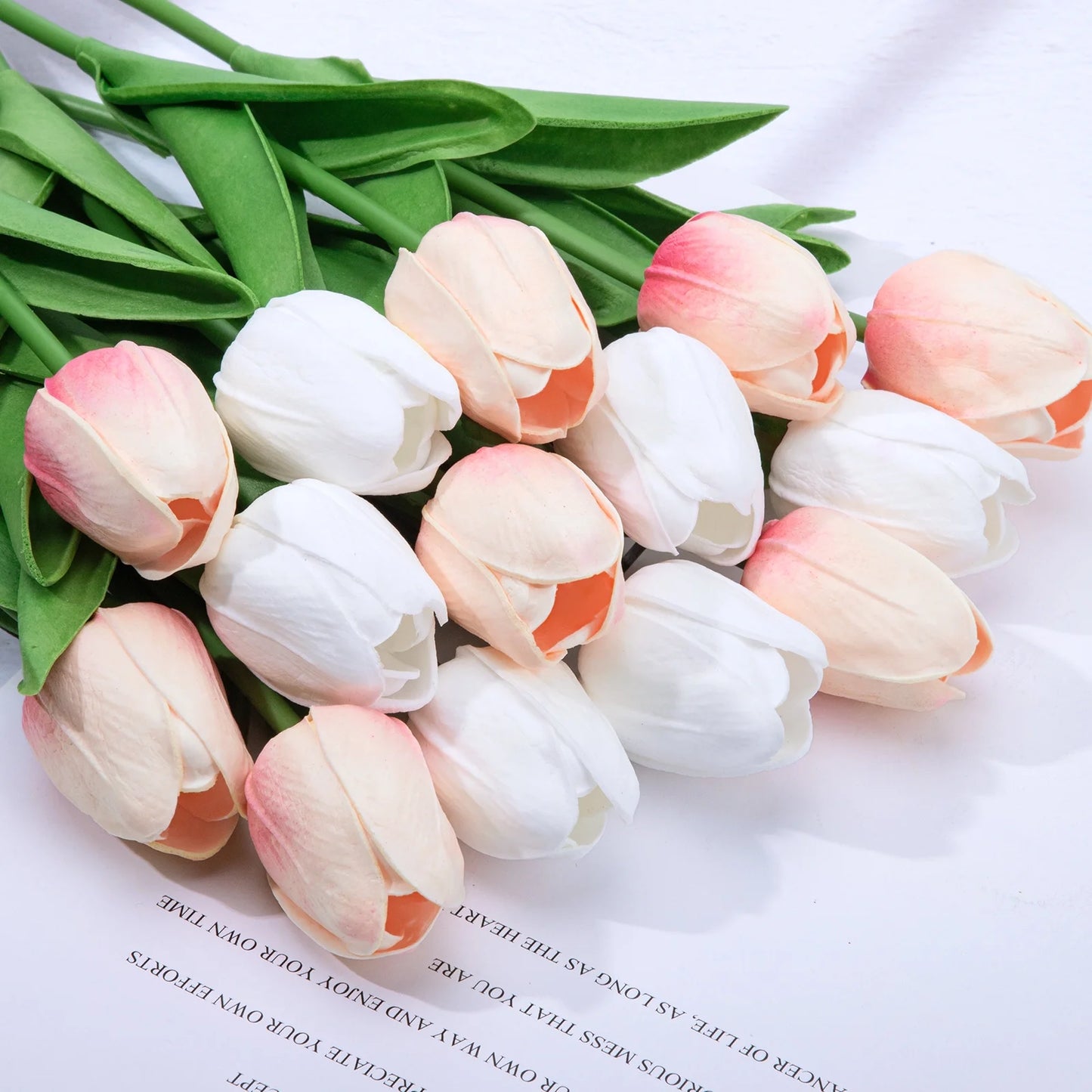 20 Pcs Artificial Flowers Fake Tulip, Pink White Tulip Flowers for Spring Indoor Table Wedding Decorations Mother'S Day Easter Gifts