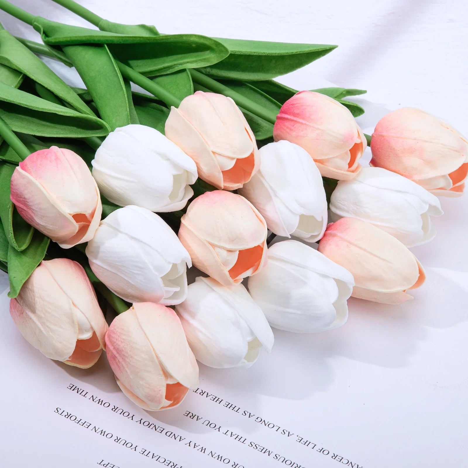 20 Pcs Artificial Flowers Fake Tulip, Pink White Tulip Flowers for Spring Indoor Table Wedding Decorations Mother'S Day Easter Gifts