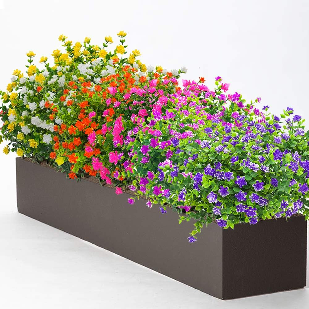 10 Bundles Artificial Fake Flowers, Faux Outdoor Plastic Plants UV Resistant Shrubs outside Indoor Decorations (Blue-Eucalyptus)