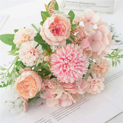 Artificial Flowers, Fake Peony Silk Hydrangea Bouquet Decor Plastic Flower Arrangements Wedding Decoration Table Centerpieces(Light Pink)