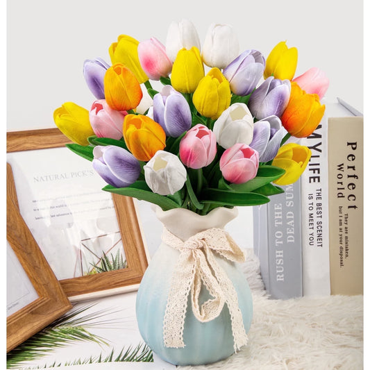 20 Pcs Artificial Flowers Fake Tulip, Colorful Tulip for Spring Summer Indoor Table Wedding Decorations Mother'S Day Easter Gifts Flowers