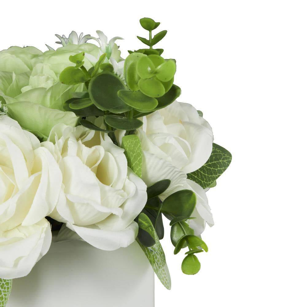 10 In. White Artificial Flower with Green Leaves and Square Ceramic Vase